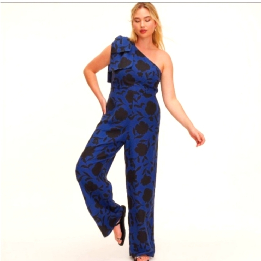 One-Shoulder With Bow Kate Spade Blue Floral Jumpsuit